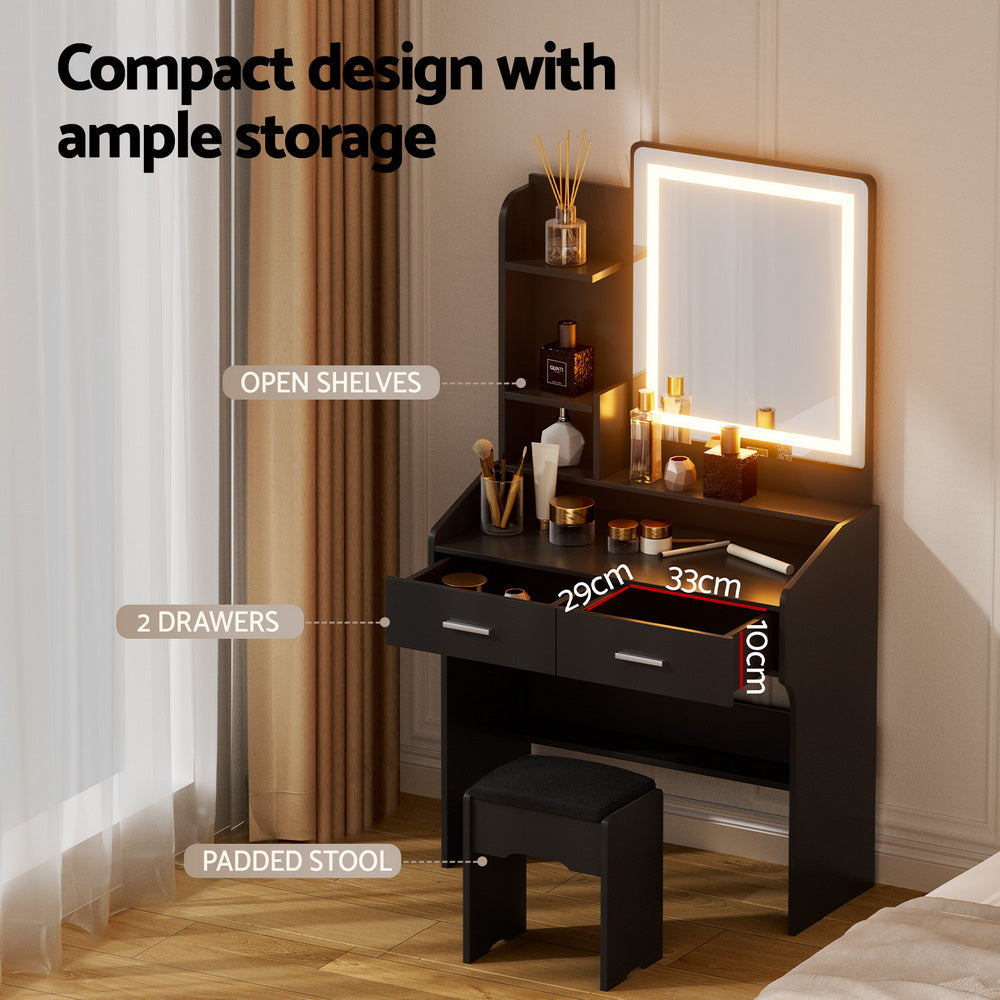 Artiss Dressing Table Set Stool Led Black Awezingly