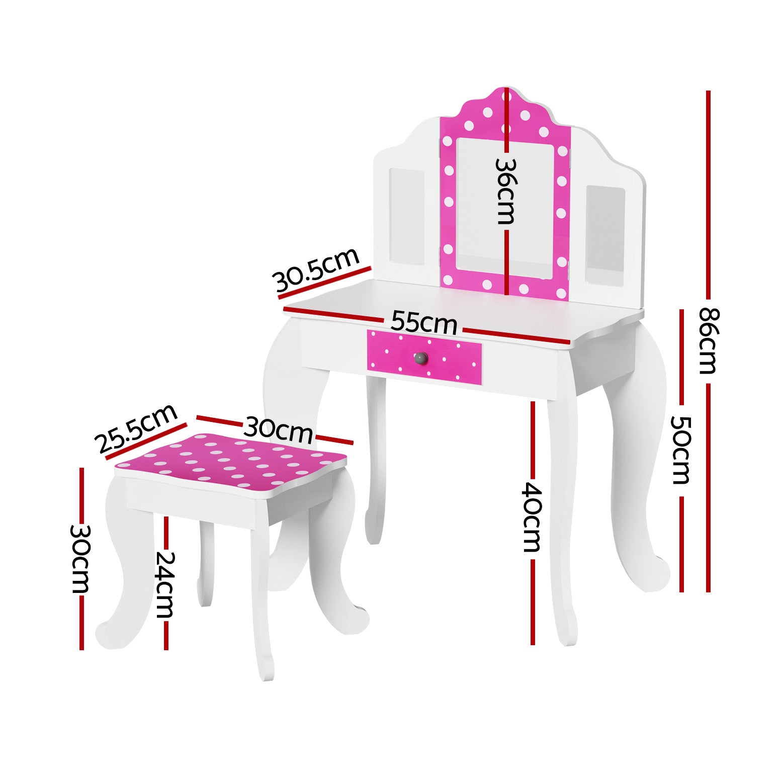 Keezi Kids Dressing Table Vanity Makeup Chair Set Wooden 3 Mirror Drawer Pink Keezi