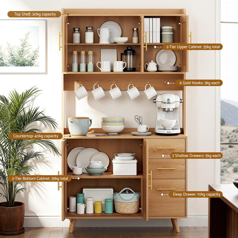 Artiss Buffet Sideboard Hutch Storage Cabinet Kitchen Cupboard Hooks Rattan Pine Awezingly