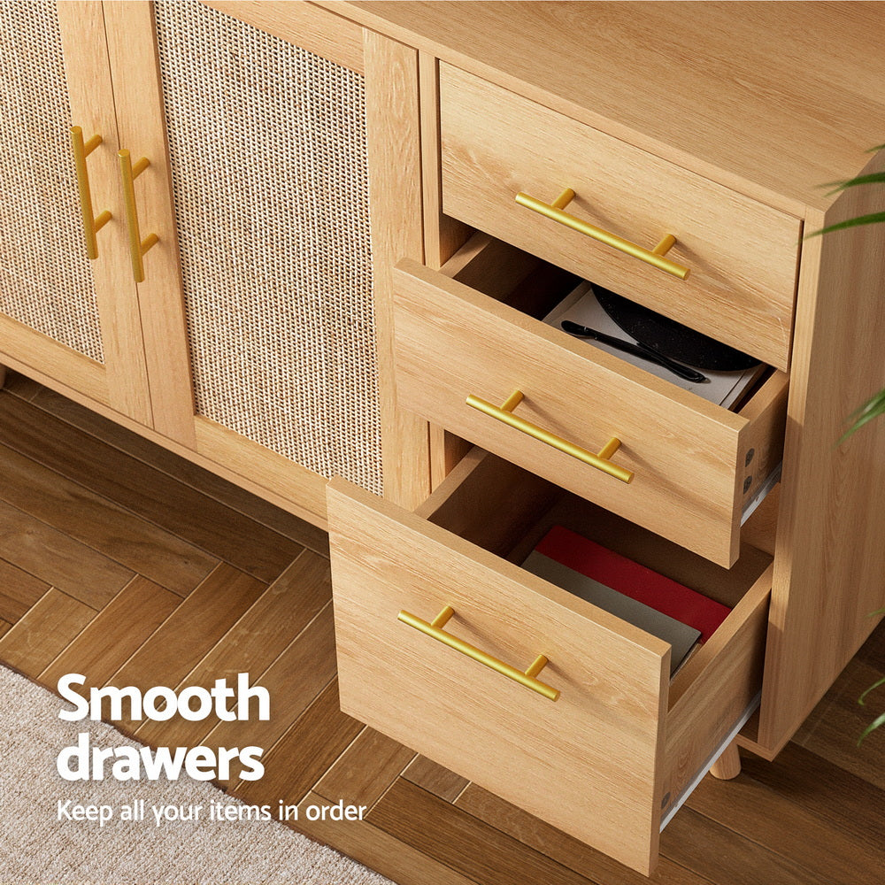 Artiss Buffet Sideboard Hutch Storage Cabinet Kitchen Cupboard Hooks Rattan Pine Awezingly