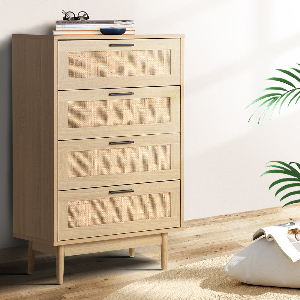 Artiss 4 Chest of Drawers Rattan Tallboy Cabinet Bedroom Clothes Storage Wood Artiss