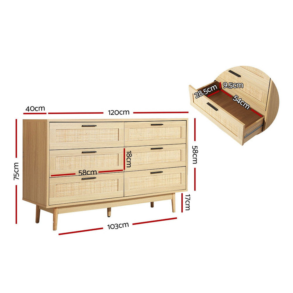 Artiss 6 Chest of Drawers Rattan Tallboy Cabinet Bedroom Clothes Storage Wood Artiss
