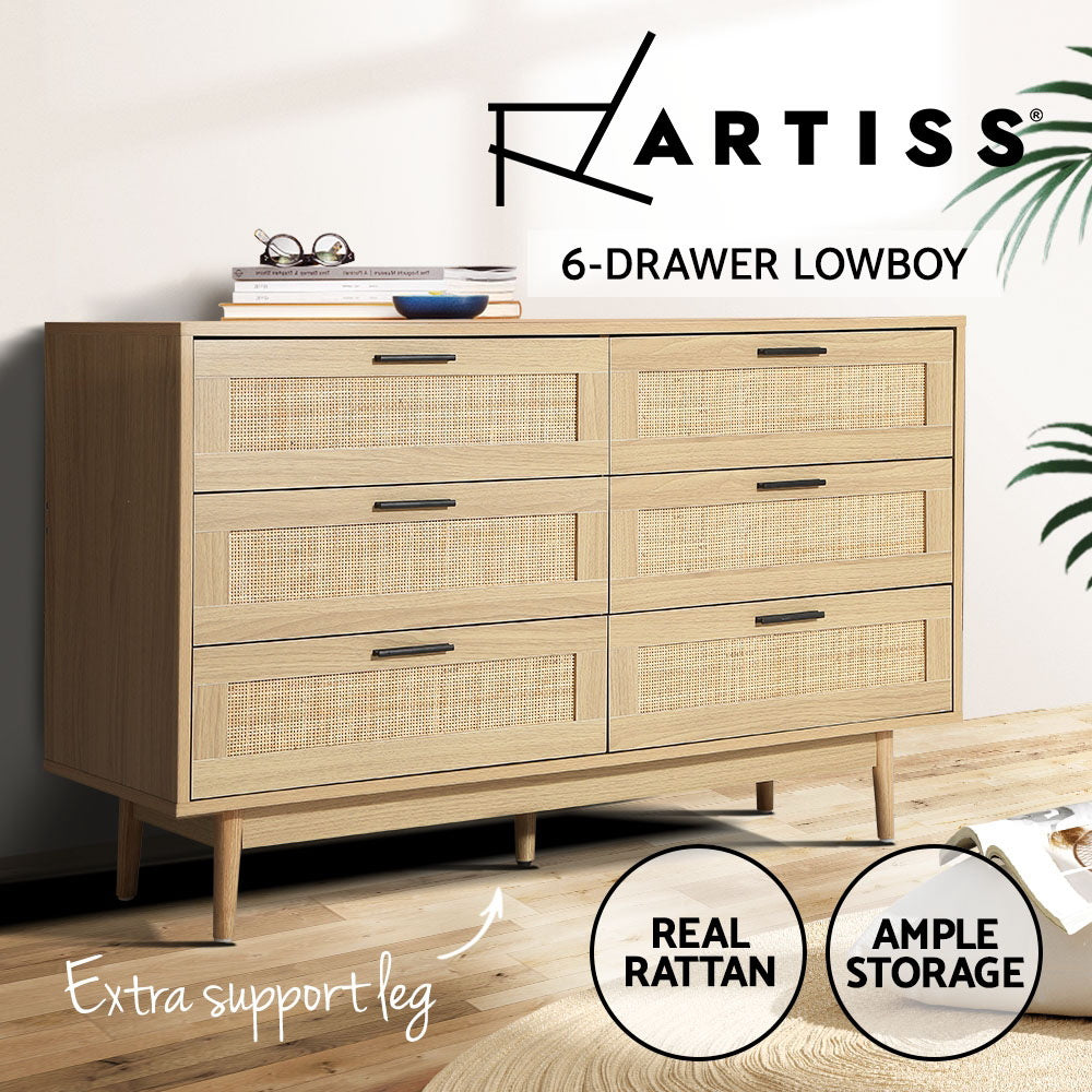 Artiss 6 Chest of Drawers Rattan Tallboy Cabinet Bedroom Clothes Storage Wood Artiss
