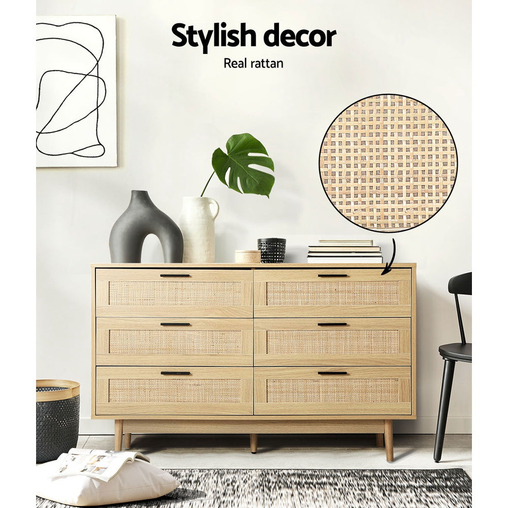 Artiss 6 Chest of Drawers Rattan Tallboy Cabinet Bedroom Clothes Storage Wood Artiss