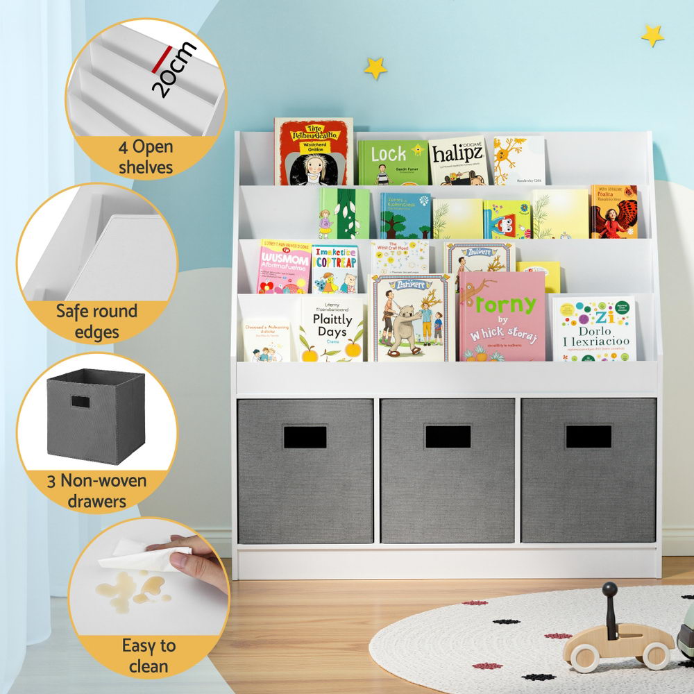 Keezi Kids Bookshelf 4 Tiers Magazine Rack Toy Box Organiser Storage Display Shelf Awezingly