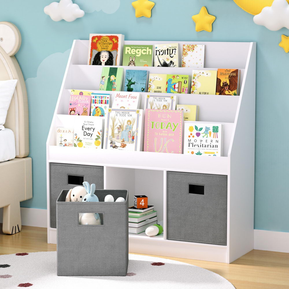 Keezi Kids Bookshelf 4 Tiers Magazine Rack Toy Box Organiser Storage Display Shelf Awezingly