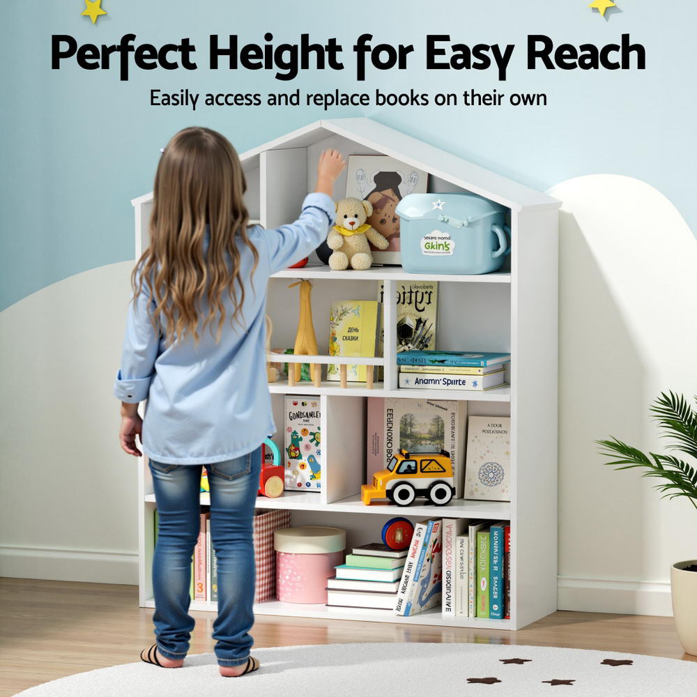 Keezi 4 Tiers Kids Bookshelf Wooden Bookcase Display Storage Organiser Cabinet White Awezingly