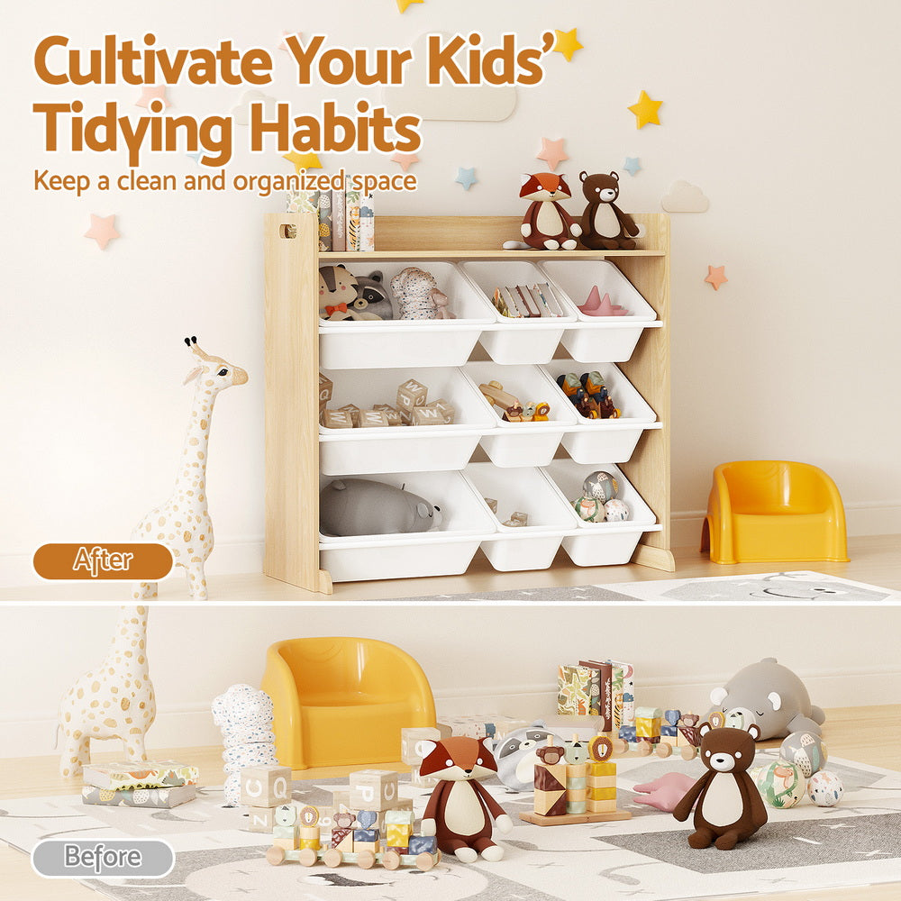 Keezi Kids Toy Box 9 Bins Bookshelf Organiser Display Shelf Storage Rack Wooden Awezingly