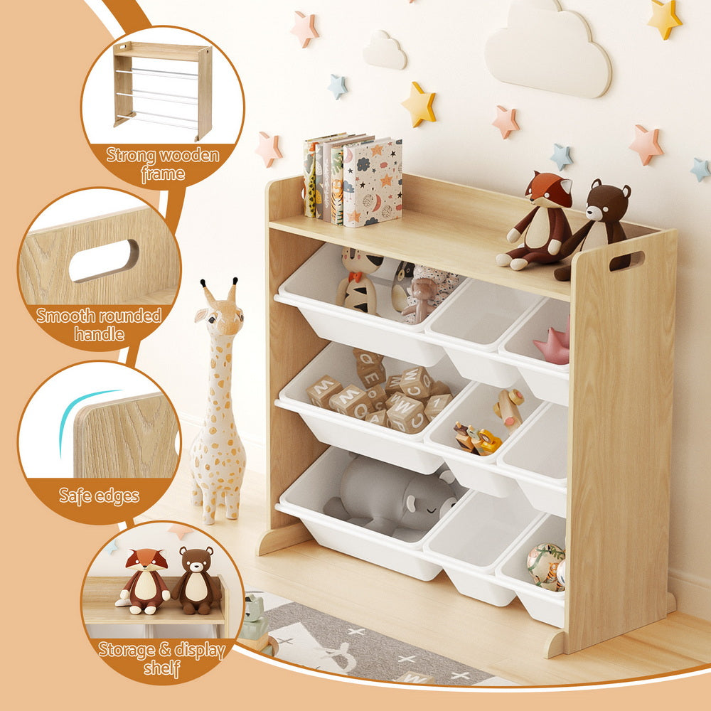 Keezi Kids Toy Box 9 Bins Bookshelf Organiser Display Shelf Storage Rack Wooden Awezingly