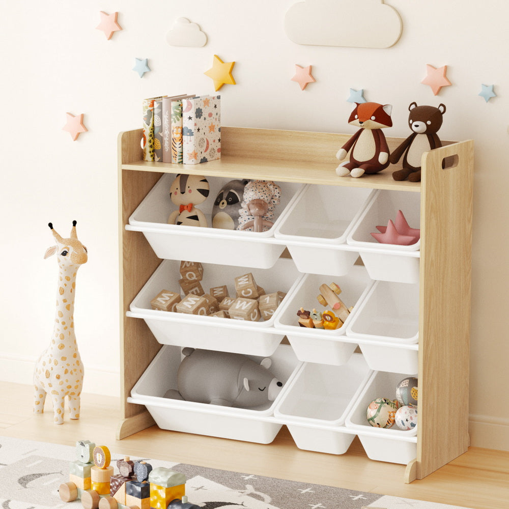 Keezi Kids Toy Box 9 Bins Bookshelf Organiser Display Shelf Storage Rack Wooden Awezingly
