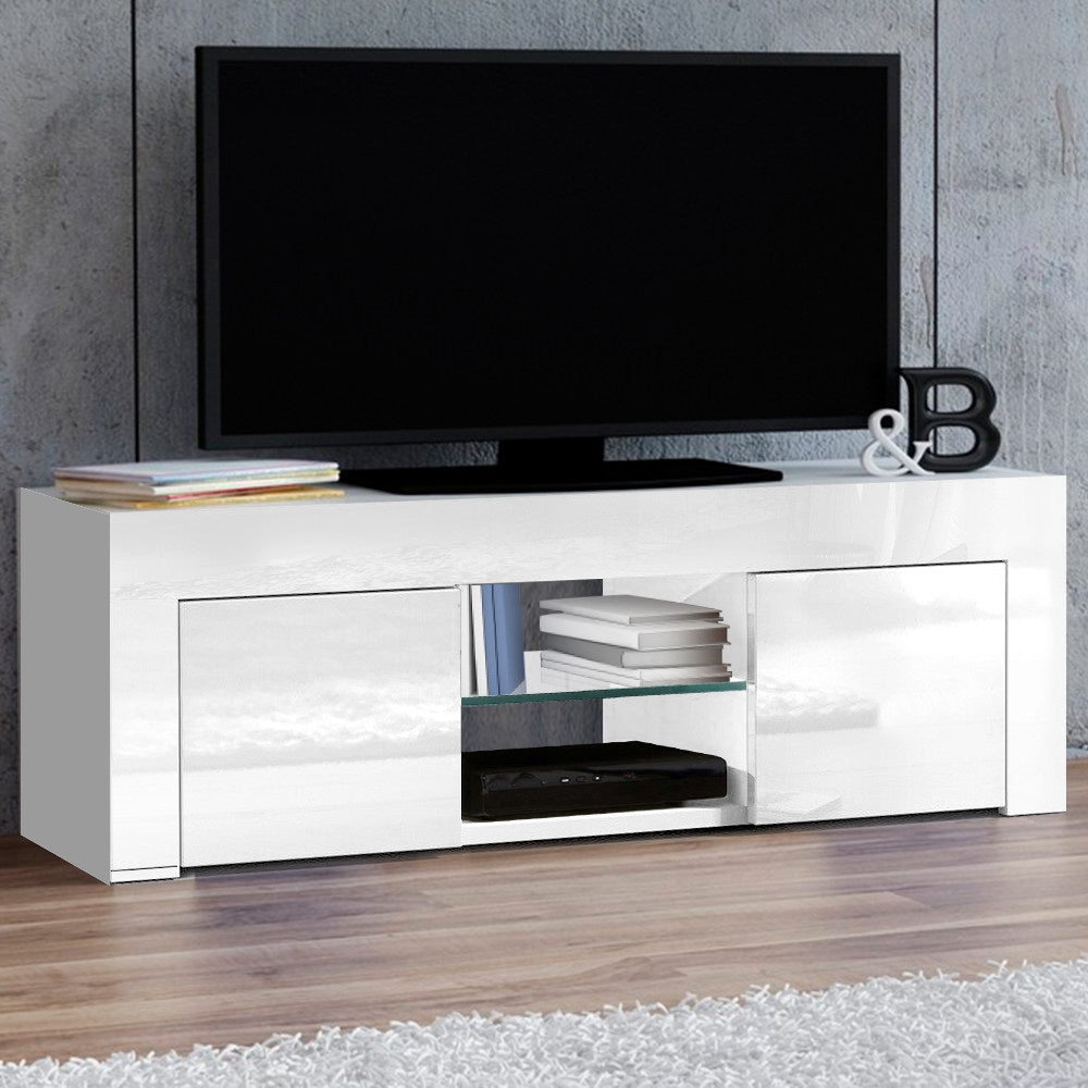 Artiss 130cm High Gloss TV Stand Entertainment Unit Tempered Glass Shelf White Artiss