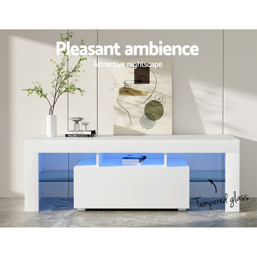 Artiss 130cm RGB LED TV Stand Cabinet Entertainment Unit Gloss Furniture Drawer Tempered Glass Shelf White Artiss