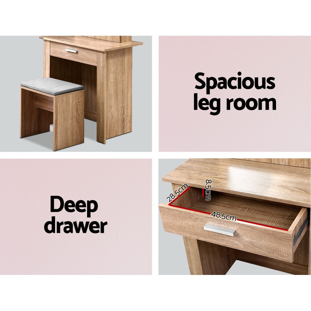 Artiss Dressing Table Mirror Stool - Storage Wood Artiss
