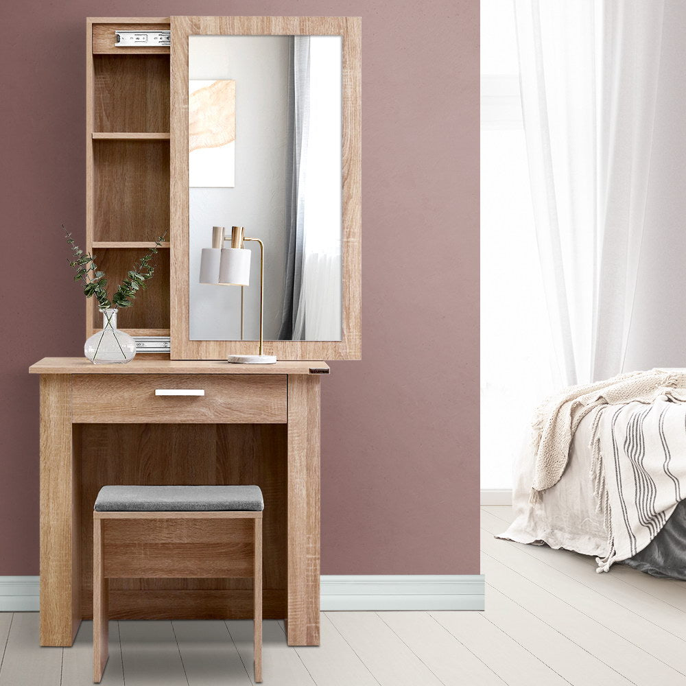 Artiss Dressing Table Mirror Stool - Storage Wood Artiss