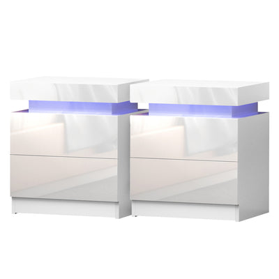 Artiss 2X Bedside Table LED 2 Drawers Lift-up Storage - COLEY White