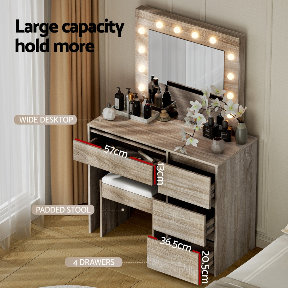 Artiss Dressing Table Set Stool 12 Led Bulbs Wood Awezingly