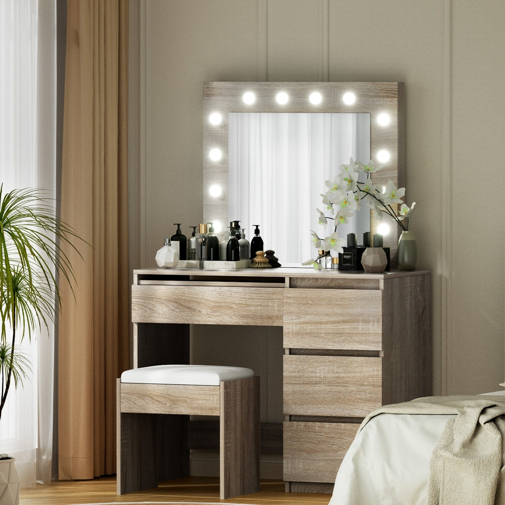Artiss Dressing Table Set Stool 12 Led Bulbs Wood Awezingly