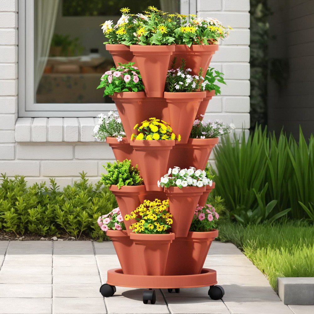Green Fingers Raised Garden Bed 5 Tier Vertical Garden Brick Red Strawberry Stackable Planters Herbs Petunias Awezingly
