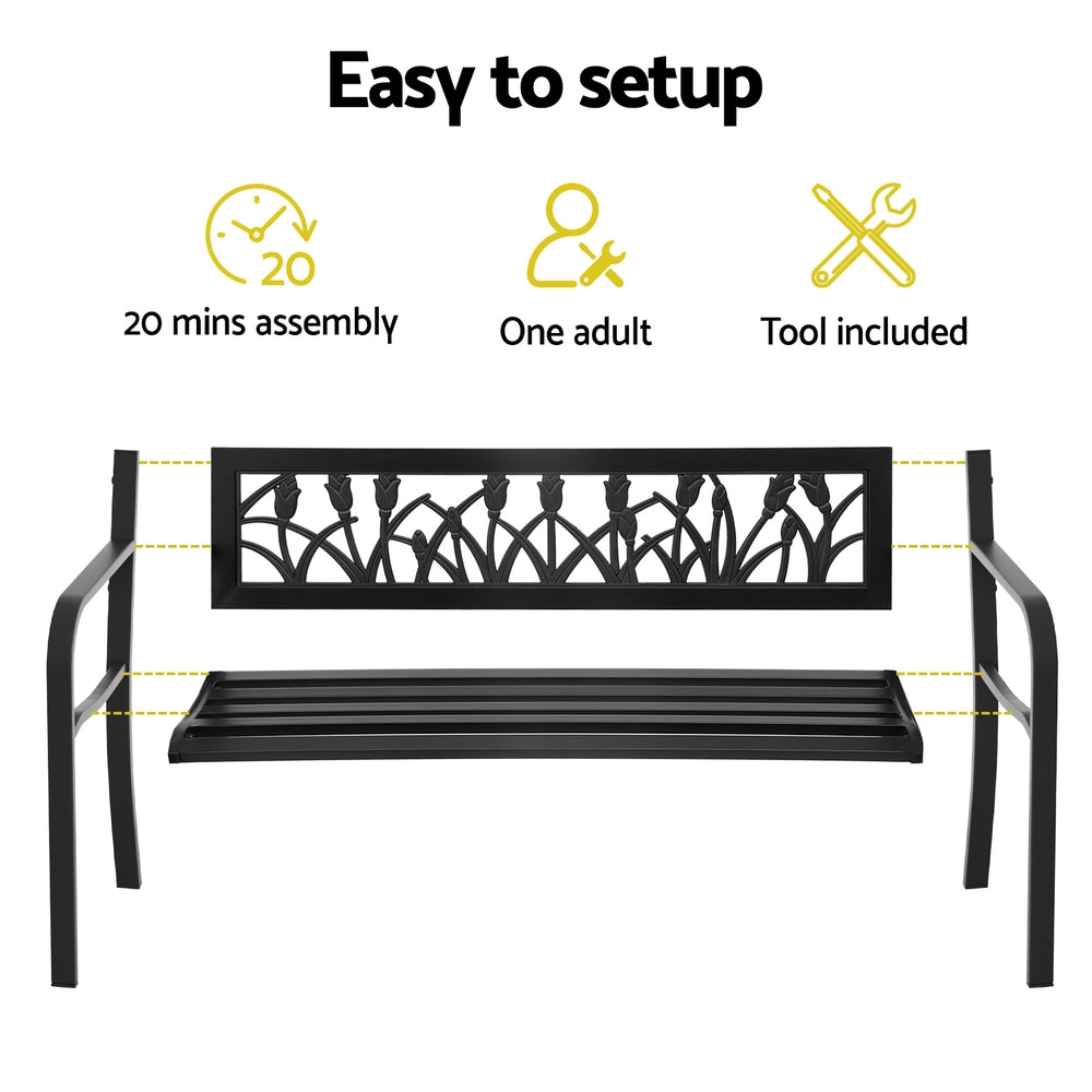 Gardeon Outdoor Garden Bench Seat Outdoor Furniture Steel 2 Seater Park Black Gardeon