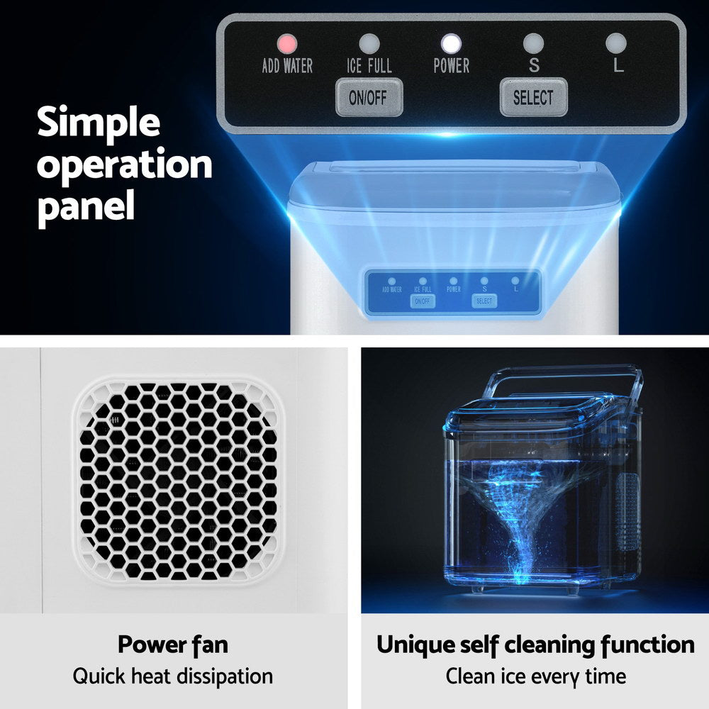 Devanti Ice Maker Machine Portable 12kg Countertop w/Self Cleaning 1.3L White Awezingly