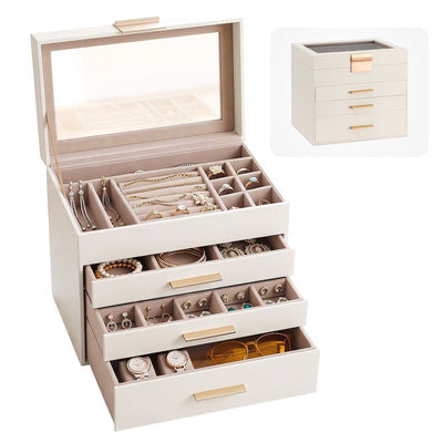 Embellir Jewellery Box 4 Layer Organiser Storage Case Glass Lid Drawers White