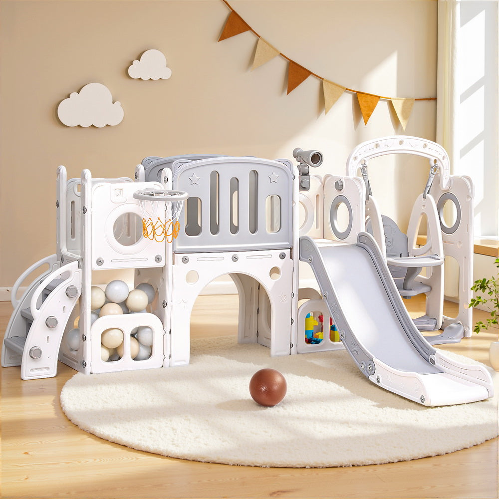 Keezi Kids Slide Swing Set Basketball Hoop Ring Football Outdoor Toys 132cm grey Awezingly