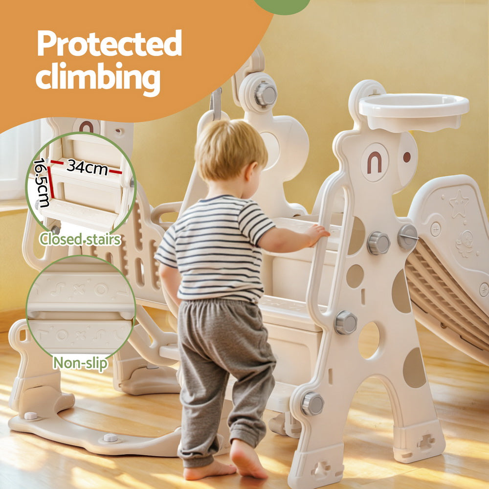 Keezi Kids Slide Swing Set Basketball Hoop Outdoor Playground Toys 160cm Beige Awezingly