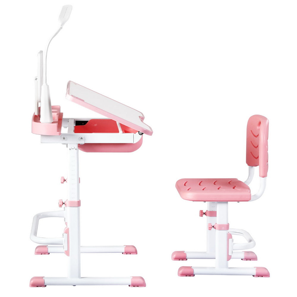 Keezi Kids Table and Chair Set Adjustable Study Desk w/ LED Lamp Reading Pink Awezingly
