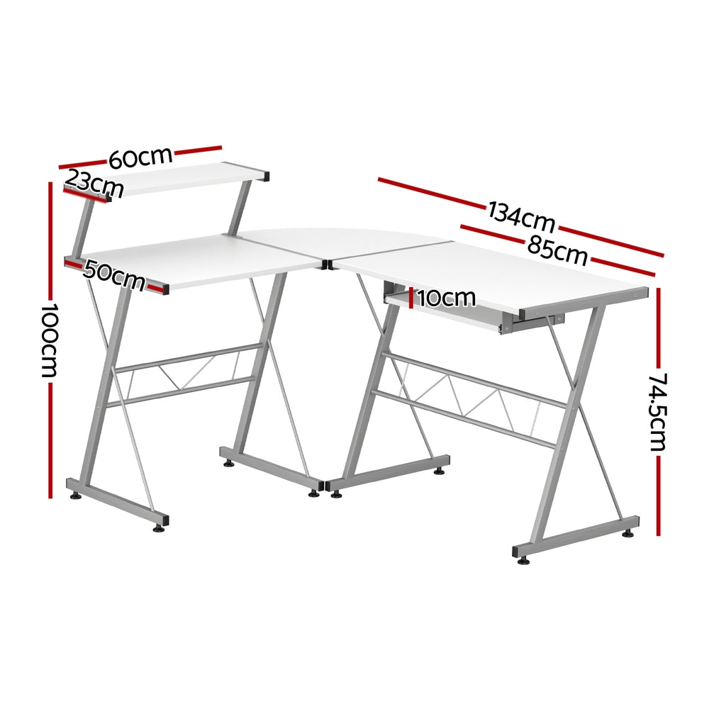 Artiss Corner Metal Pull Out Table Desk - White Artiss