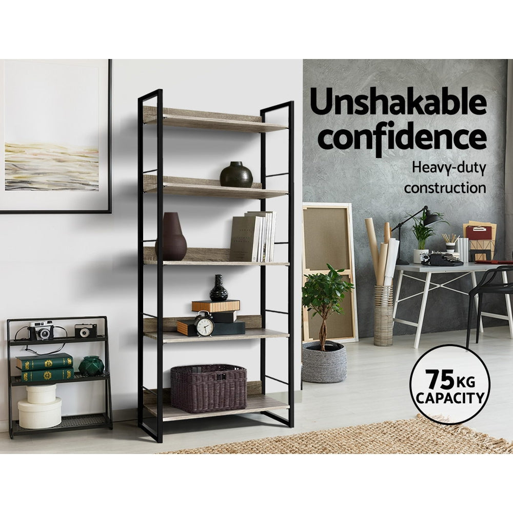 Artiss 5 Tier Bookshelf Wooden Display Shelves Bookcase Shelf Storage Metal Wall Black Artiss