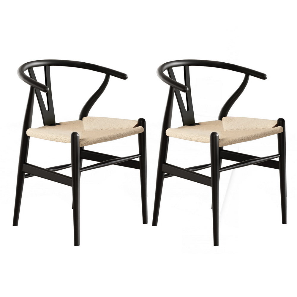 1 Set of 2 Artiss Dining Chairs Wooden Rattan Wishbone Black Artiss