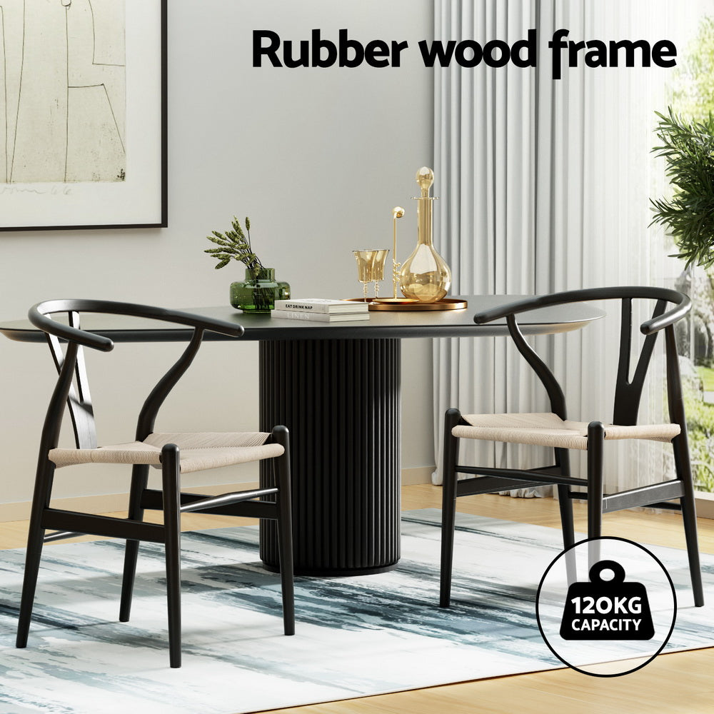 1 Set of 2 Artiss Dining Chairs Wooden Rattan Wishbone Black Artiss