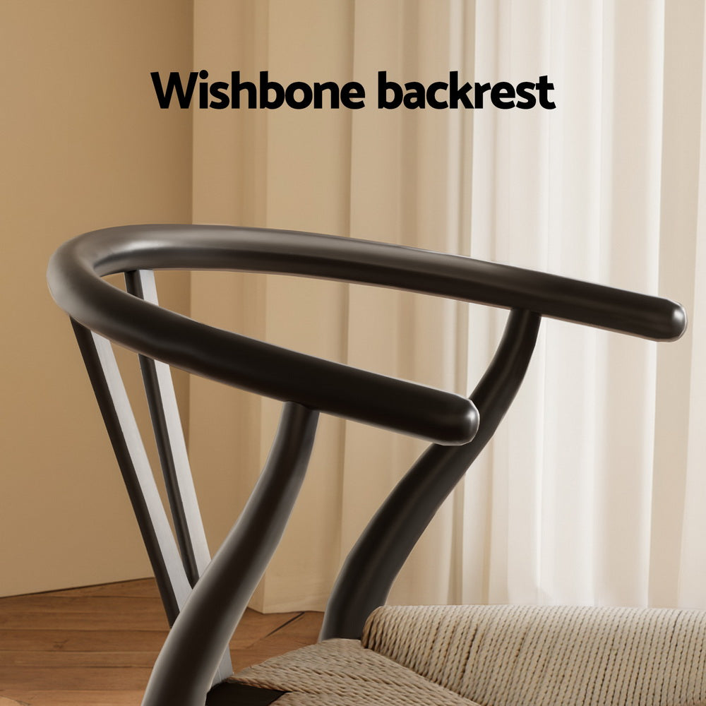 1 Set of 2 Artiss Dining Chairs Wooden Rattan Wishbone Black Artiss