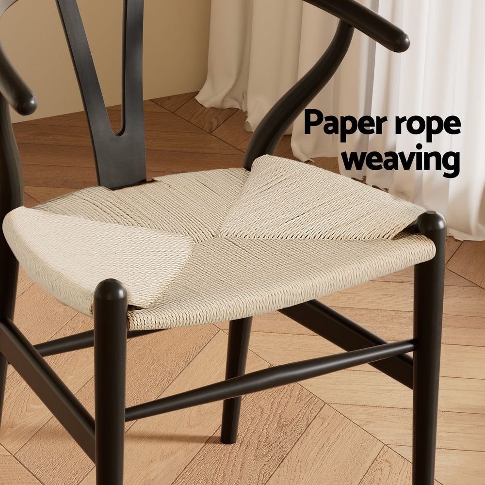 1 Set of 2 Artiss Dining Chairs Wooden Rattan Wishbone Black Artiss