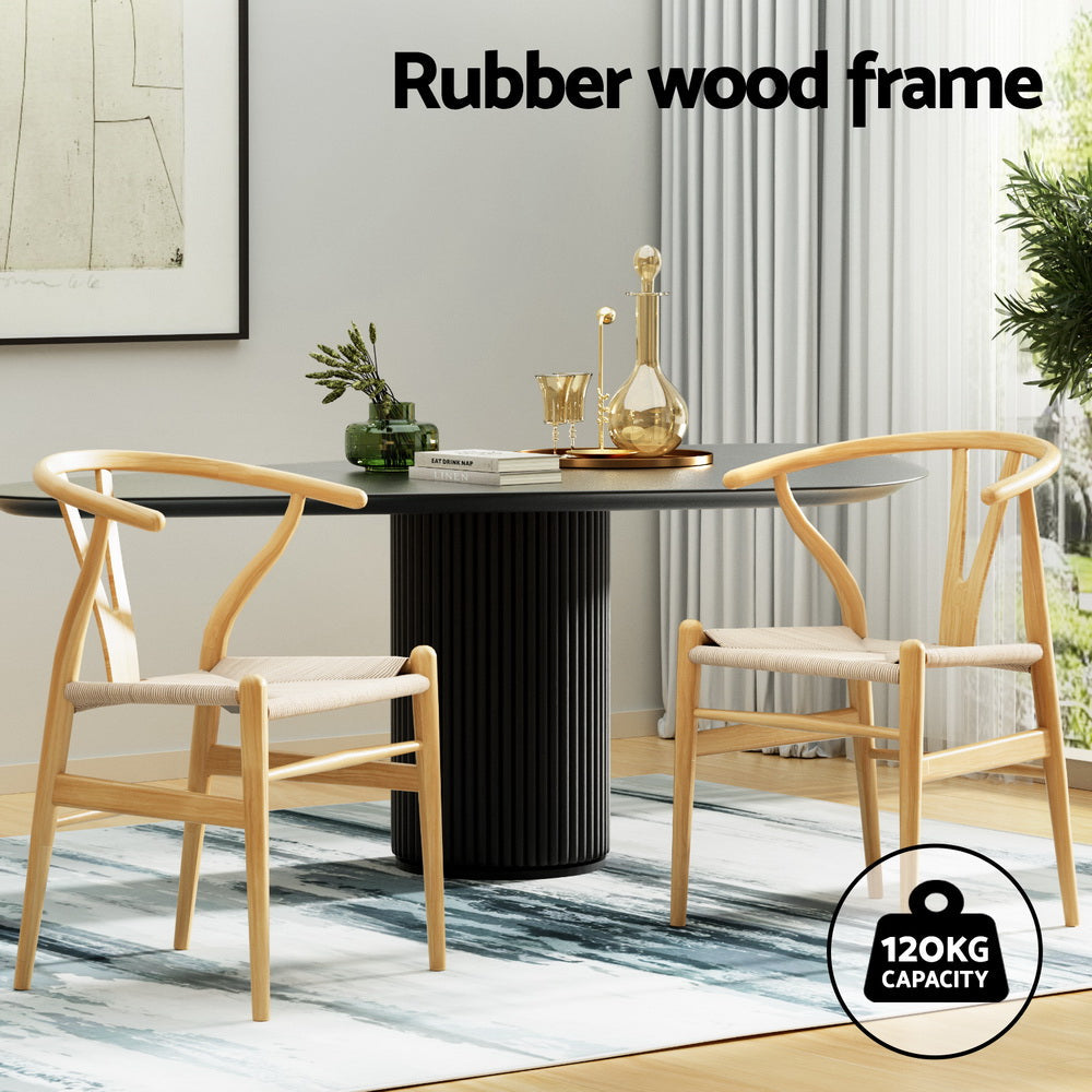 1 Set of 2 Artiss Dining Chairs Wooden Rattan Seat Wishbone Back Artiss