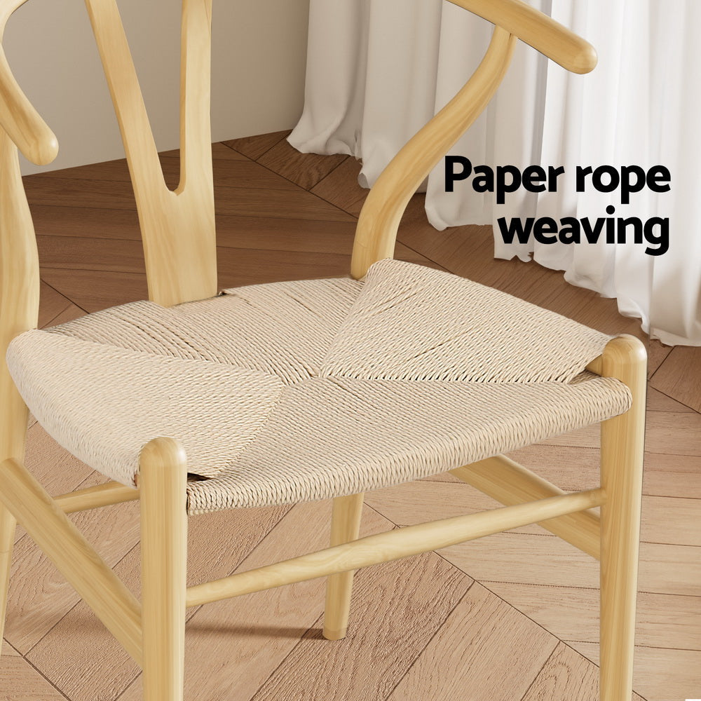 1 Set of 2 Artiss Dining Chairs Wooden Rattan Seat Wishbone Back Artiss
