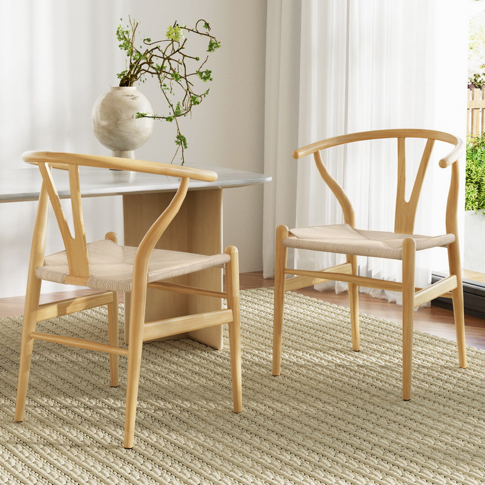 1 Set of 2 Artiss Dining Chairs Wooden Rattan Seat Wishbone Back Artiss