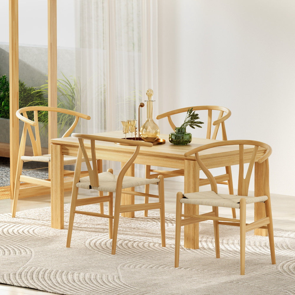 1 Set of 4 Artiss Dining Chairs Wooden Rattan Seat Wishbone Back Artiss