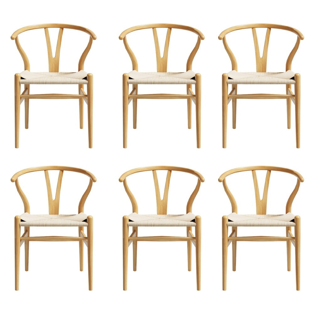 1 Set of 6 Artiss Dining Chairs Wooden Rattan Seat Wishbone Back Artiss
