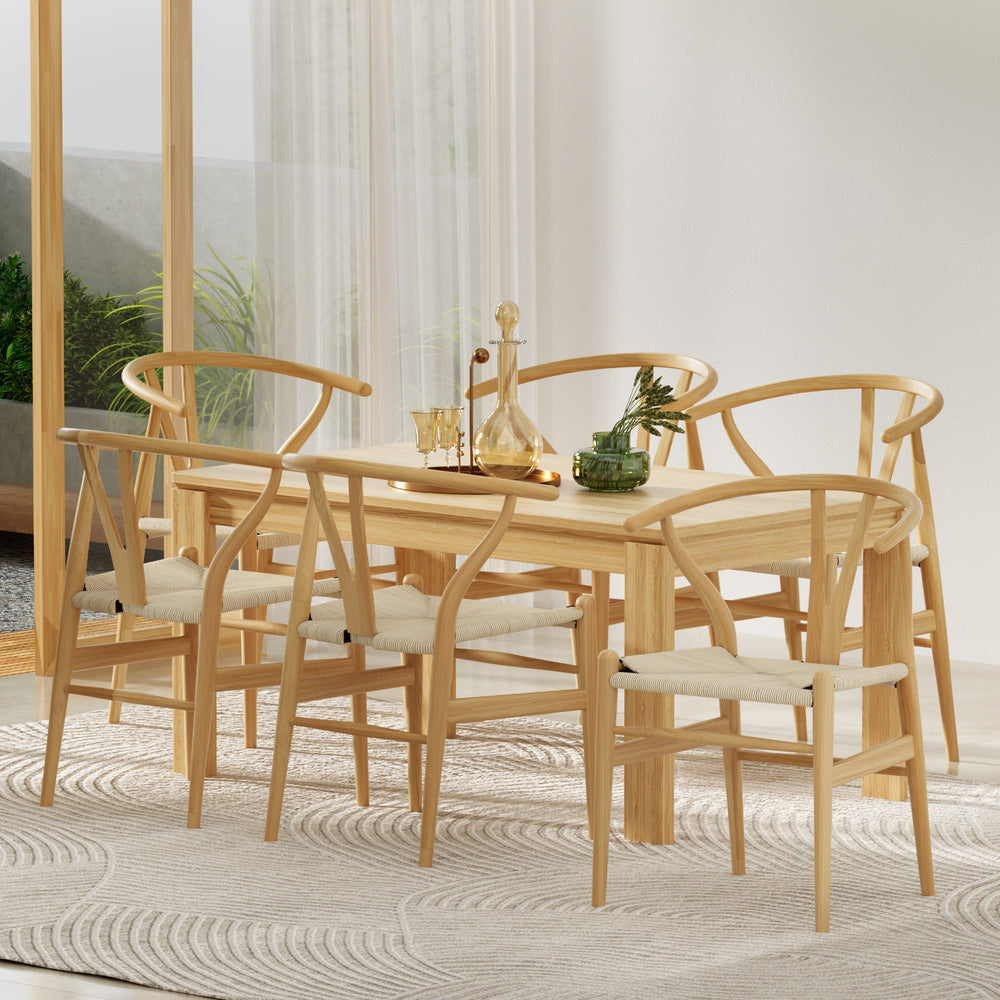 1 Set of 6 Artiss Dining Chairs Wooden Rattan Seat Wishbone Back Artiss