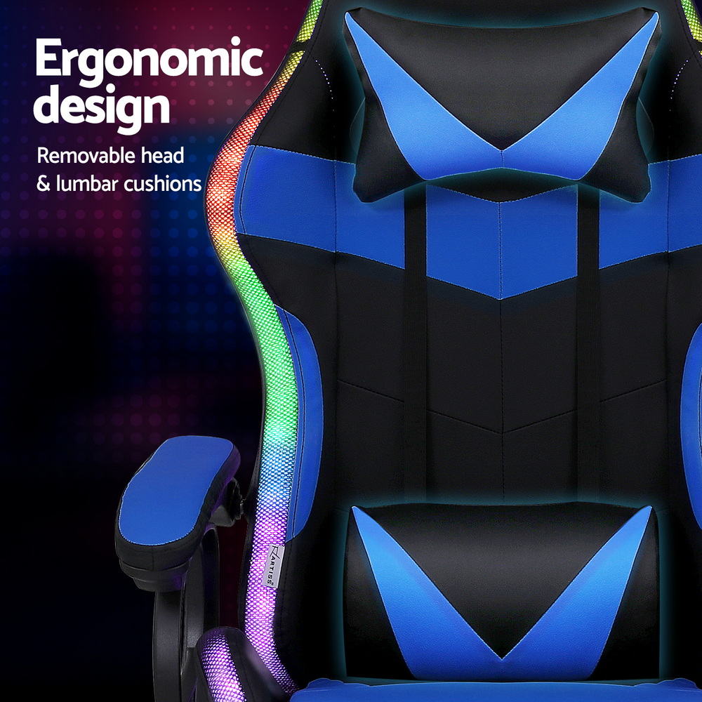 Artiss Gaming Office Chair 12 RGB LED Massage Computer Work Seat Footrest Blue Awezingly
