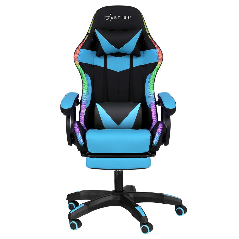 Artiss Gaming Office Chair 12 RGB LED Massage Computer Work Seat Footrest Cyan Awezingly
