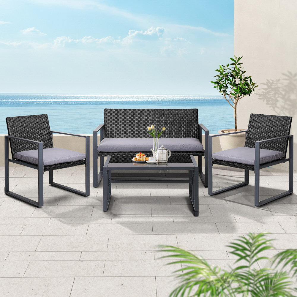 Gardeon 4 PCS Outdoor Sofa Set Rattan Furniture Glass Top Table Chairs Black Gardeon