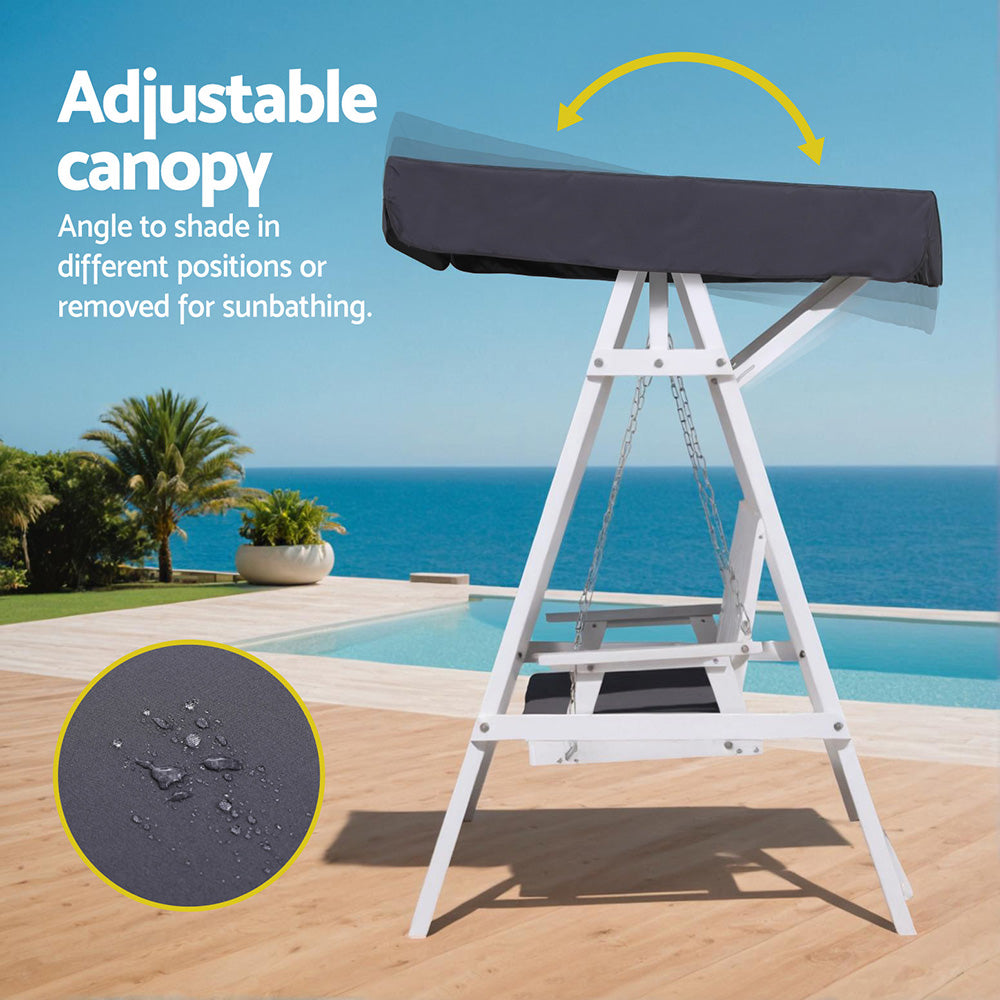 Gardeon Outdoor Wooden Swing Chair Garden Bench Canopy Cushion 3 Seater White Awezingly