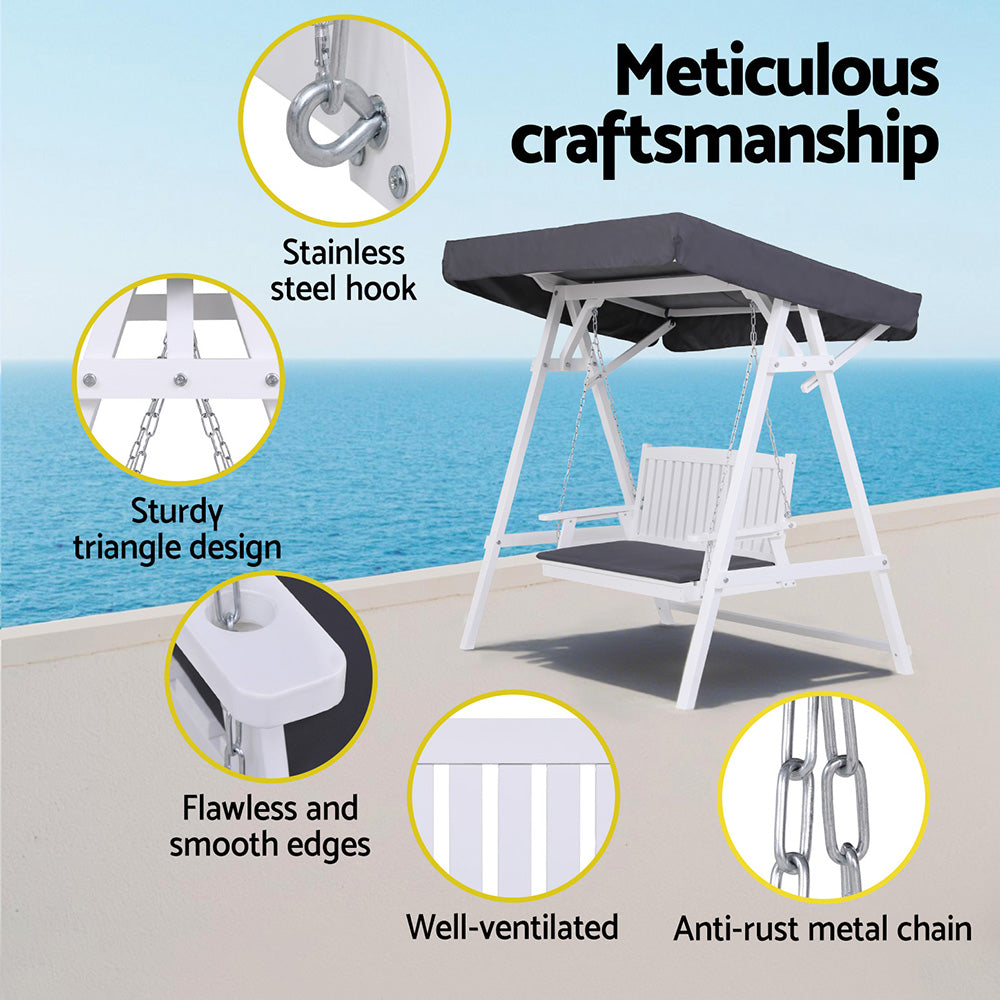 Gardeon Outdoor Wooden Swing Chair Garden Bench Canopy Cushion 3 Seater White Awezingly