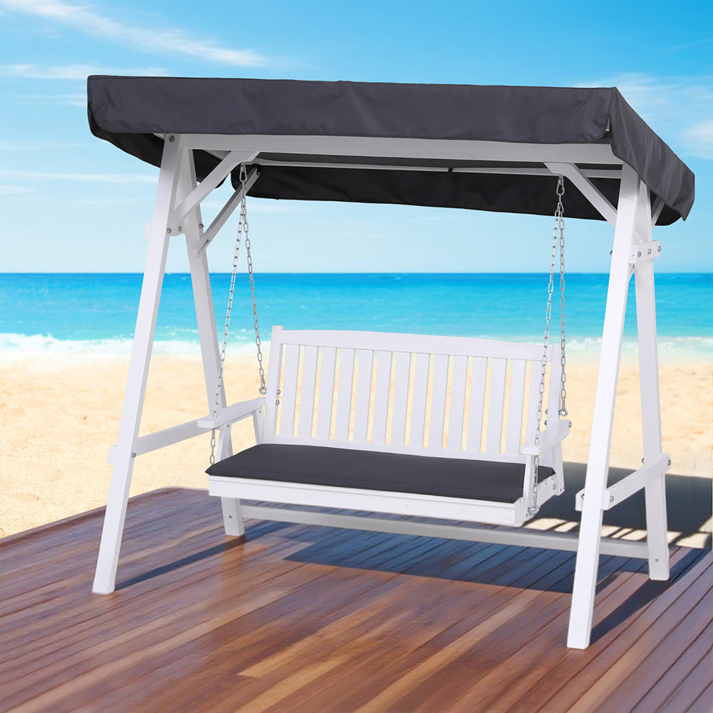 Gardeon Outdoor Wooden Swing Chair Garden Bench Canopy Cushion 3 Seater White Awezingly