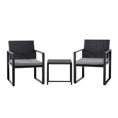 Gardeon 3PC Outdoor Bistro Set Patio Furniture Wicker Dining Chairs Table Cushion Black