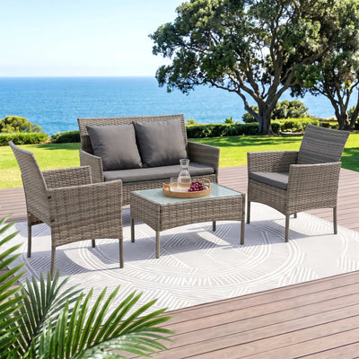Gardeon 4-Piece Outdoor Sofa Set with Two Pillows Rattan Furniture Grey