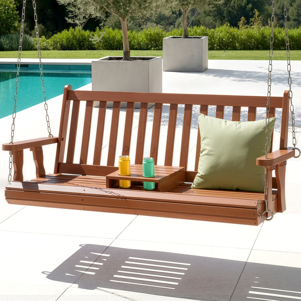 Gardeon Porch Outdoor Swing Chair Patio Furniture Wooden Bench 2 Seat Cup Holder Awezingly