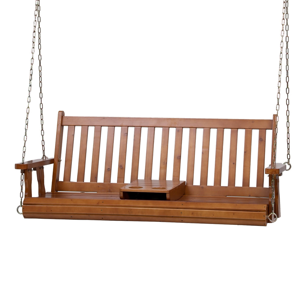 Gardeon Porch Outdoor Swing Chair Patio Furniture Wooden Bench 2 Seat Cup Holder Awezingly
